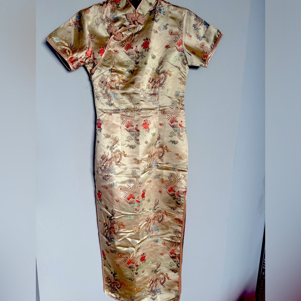 Oriental Gold Satin Dress Sz S  47” top of Shoulder to Bottom Hem